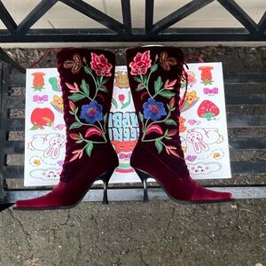 New In Box Jeffrey Campbell Burgundy Floral Embroidered Heeled Boots